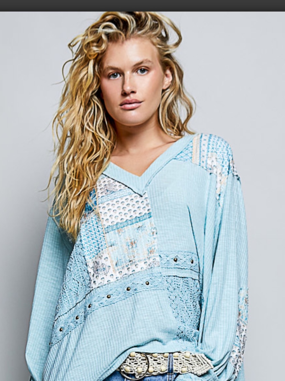 POL Light Blue Patchwork V-Neck Tunic